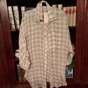 Paper Lace Beige Linen Checkered Shirt Double Collar